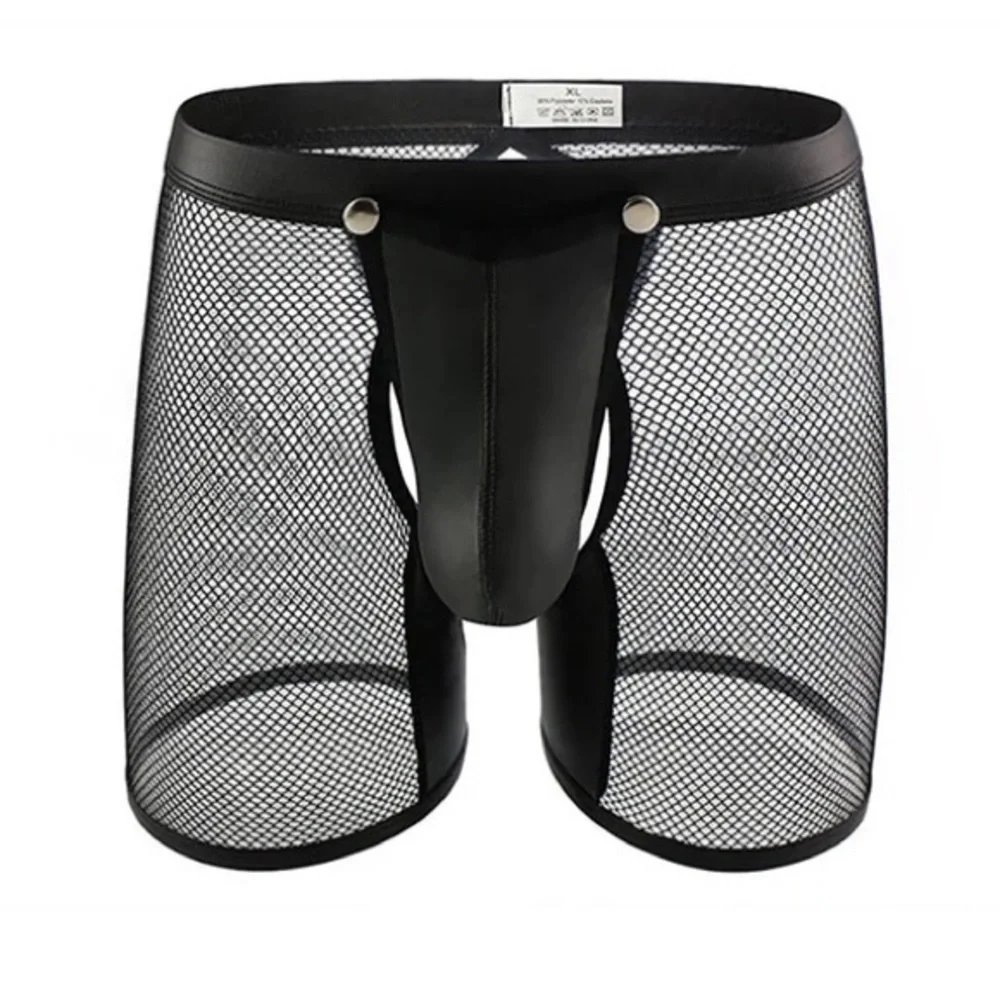 Men Mesh Transparent PU Leather Button Open Crotch Boxer Shorts Open Butt